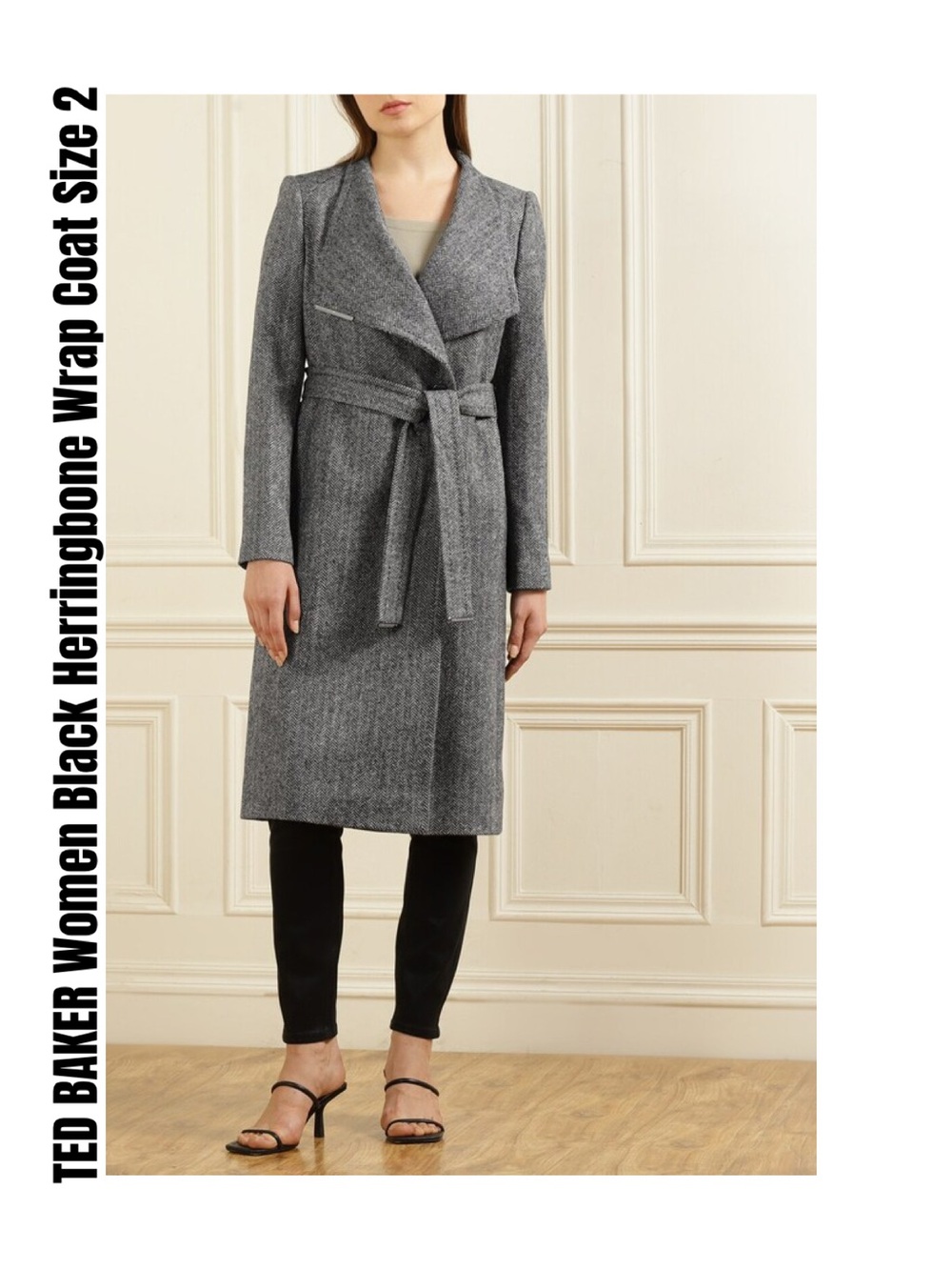 TED BAKER Women Black Herringbone Wrap Coat Size 2
